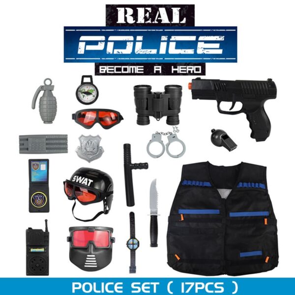17PCS Pretend Play Simulation Plastic Kid Boy Police Set Helmet Uniform Toy