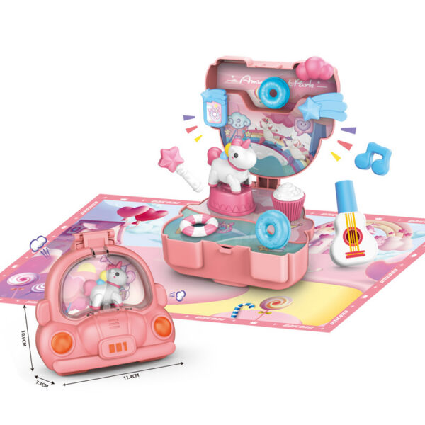 17416567145522.jpg 12Pcs Car Scene Pink Horse Kids Toy Pretend Play Pet Shop Girls House Indoor Set with Map