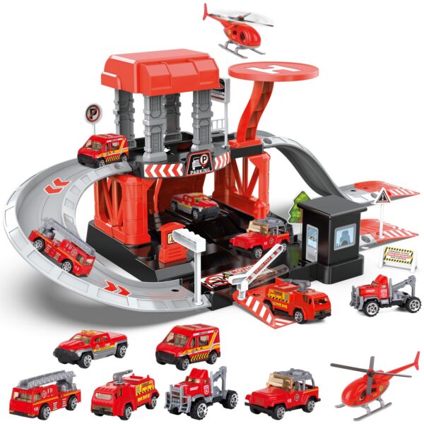 Version 1.0.0 Fire Station Toys Building Block Set Diecast Garage Track Alloy Metal Design Parking Lot Game Plastic Toy