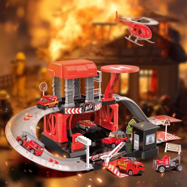 Version 1.0.0 Fire Station Toys Building Block Set Diecast Garage Track Alloy Metal Design Parking Lot Game Plastic Toy